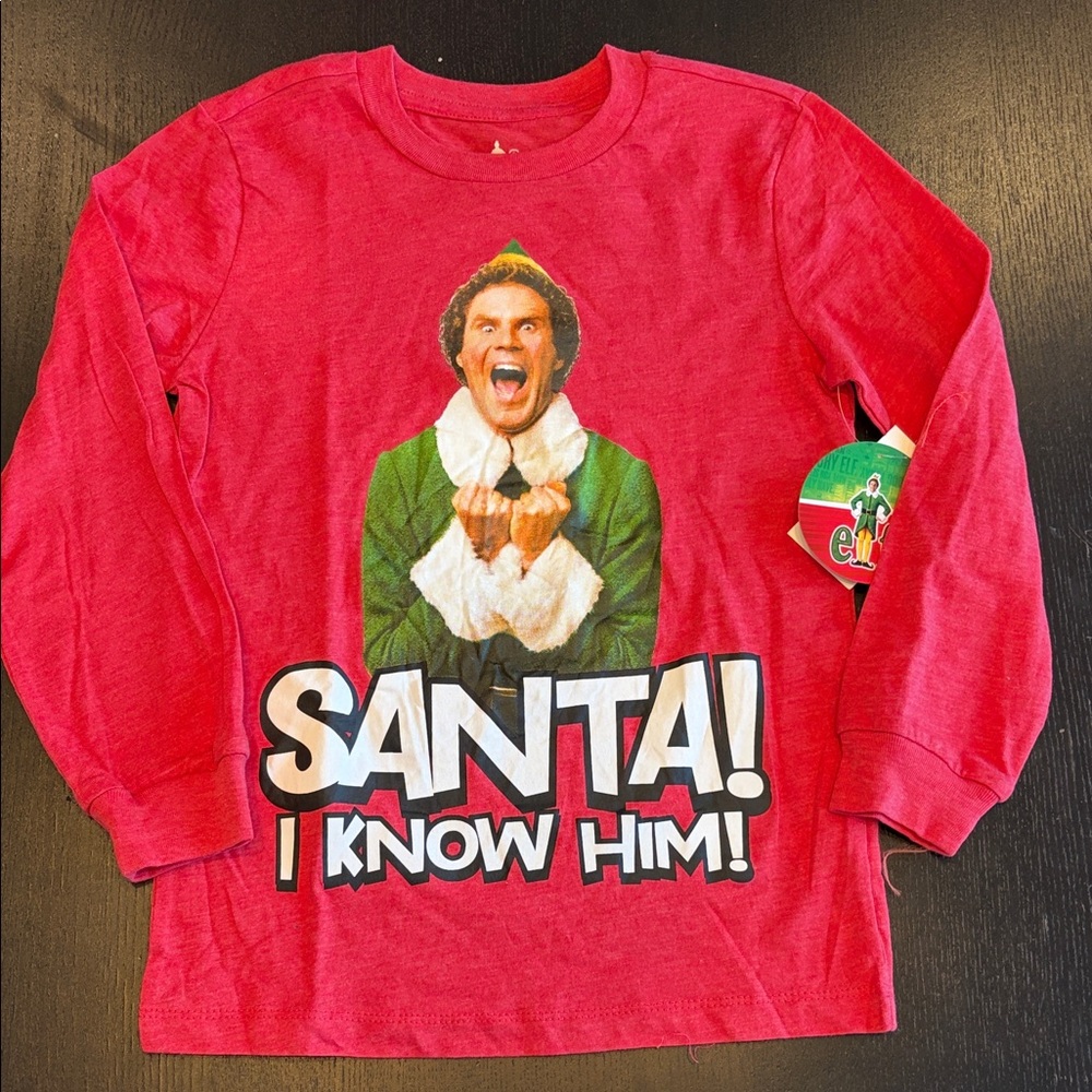 Elf “Santa! I Know Him!” Red Graphic Long Sleeve T-Shirt Size S (6/7)
